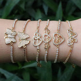 Butterfly Heart Charm Bracelet with Zircon Pave Tennis Chain