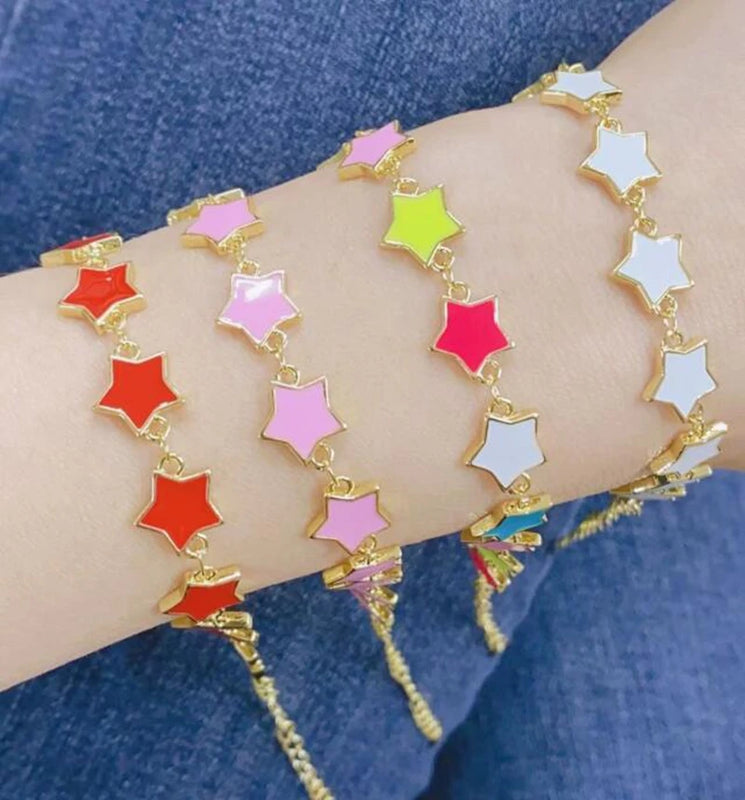 6Pcs Rainbow Enamel Star Chain Bracelets
