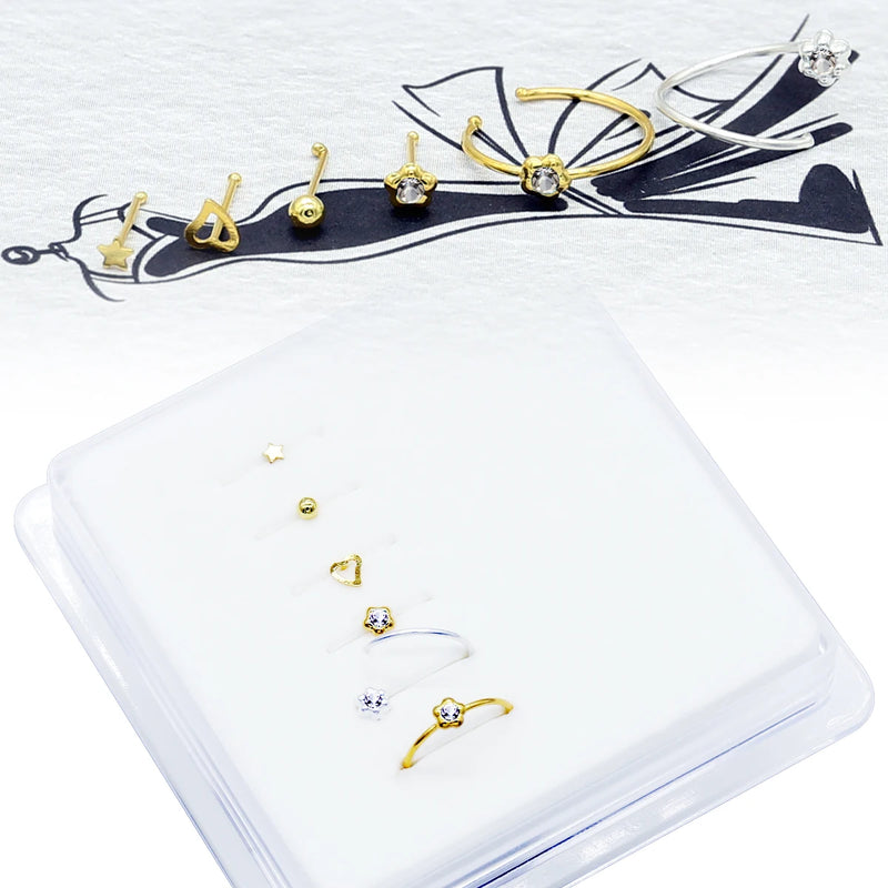 6Pcs/Pack Crystal Nose Studs Mixed Designs Nose Ring Women Body Piercing