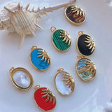 6Pcs Rainbow Tiger Eye Stone Shell Necklace Pendants Oval Shape Brass Plated