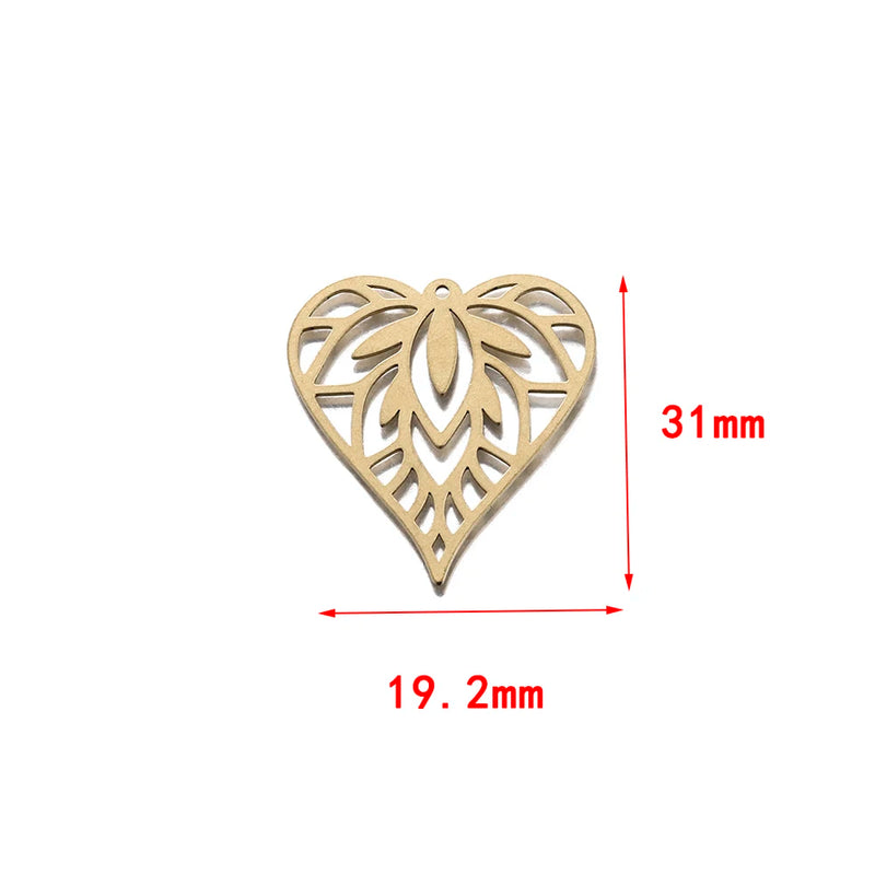 6Pcs Raw Brass Heart Pendant Charms, Hollow Out Leaf Love Heart Charm