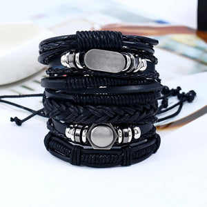 6Pcs Punk Personality Cowhide Bracelet Retro Leather Woven Multi-layer