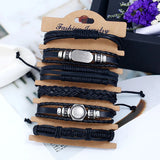 6Pcs Punk Personality Cowhide Bracelet Retro Leather Woven Multi-layer