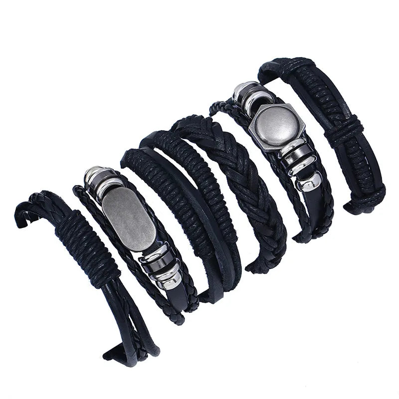 6Pcs Punk Personality Cowhide Bracelet Retro Leather Woven Multi-layer