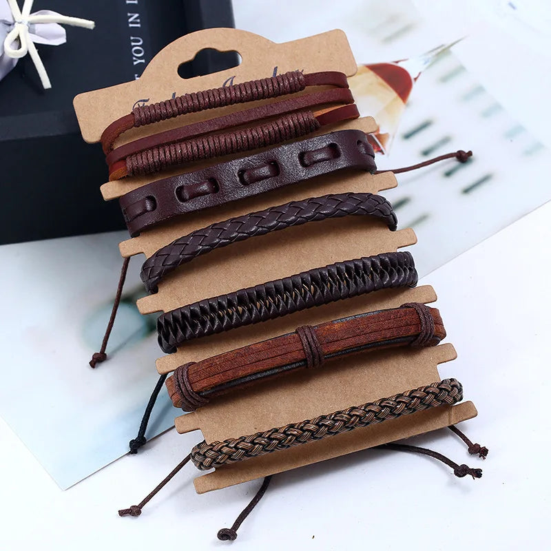 6Pcs/Set Vintage Men's Leather Bracelet Jewelry