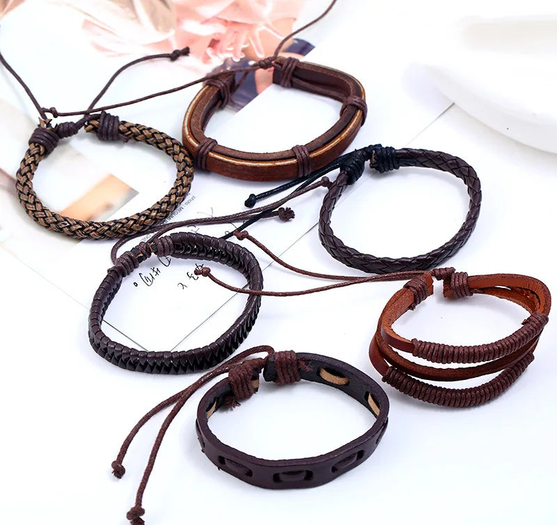 6Pcs/Set Vintage Men's Leather Bracelet Jewelry