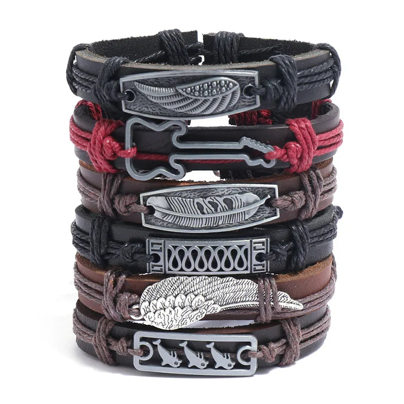 6Pcs Retro Woven Cowhide Bracelet Diy Set