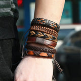 6Pcs/Set Men's Vintage Braided Cowhide Bracelet DIY Multi-layer Leather