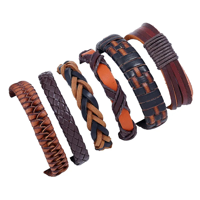 6Pcs/Set Men's Vintage Braided Cowhide Bracelet DIY Multi-layer Leather