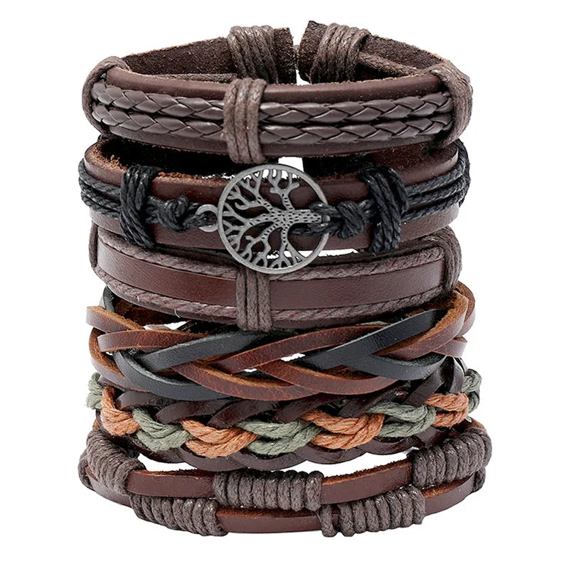 6Pcs Retro Hand-woven Cowhide Bracelet Men's Jewelry Set
