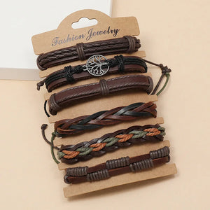 6Pcs Retro Hand-woven Cowhide Bracelet Men's Jewelry Set