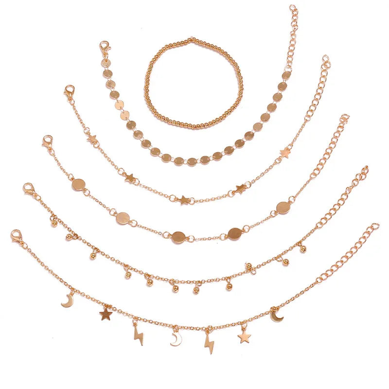 6Pcs/Set Boho Anklets Star Lightning Moon Beads Bracelets For Ankle