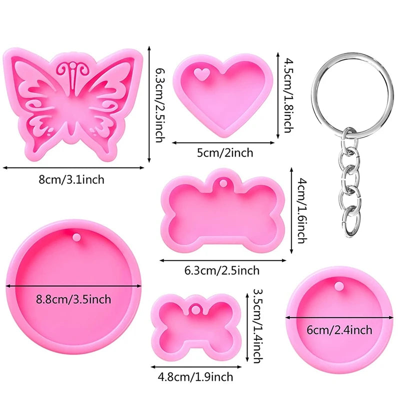 6 Pcs Silicone Keychain Molds Kit with 12 Pcs Key Rings