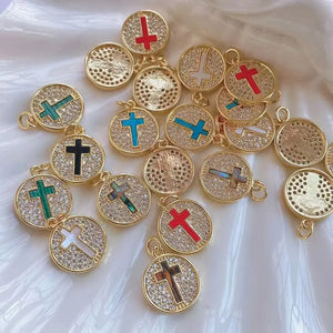 6Pcs Brass Plated Rainbow Cross Snake Pattern Zircon Shell Charms Pendant