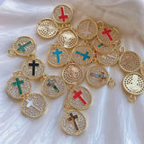 6Pcs Brass Plated Rainbow Cross Snake Pattern Zircon Shell Charms Pendant