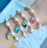 Eye Lampwork Hamsa Hand Charm Bracelet Bangles with Natural Pearl Beads