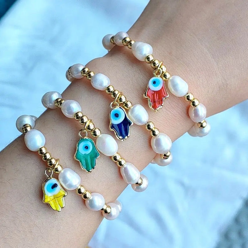 Eye Lampwork Hamsa Hand Charm Bracelet Bangles with Natural Pearl Beads