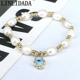 Eye Lampwork Hamsa Hand Charm Bracelet Bangles with Natural Pearl Beads