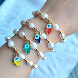 Eye Lampwork Hamsa Hand Charm Bracelet Bangles with Natural Pearl Beads