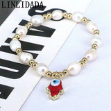 Eye Lampwork Hamsa Hand Charm Bracelet Bangles with Natural Pearl Beads