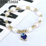 Eye Lampwork Hamsa Hand Charm Bracelet Bangles with Natural Pearl Beads