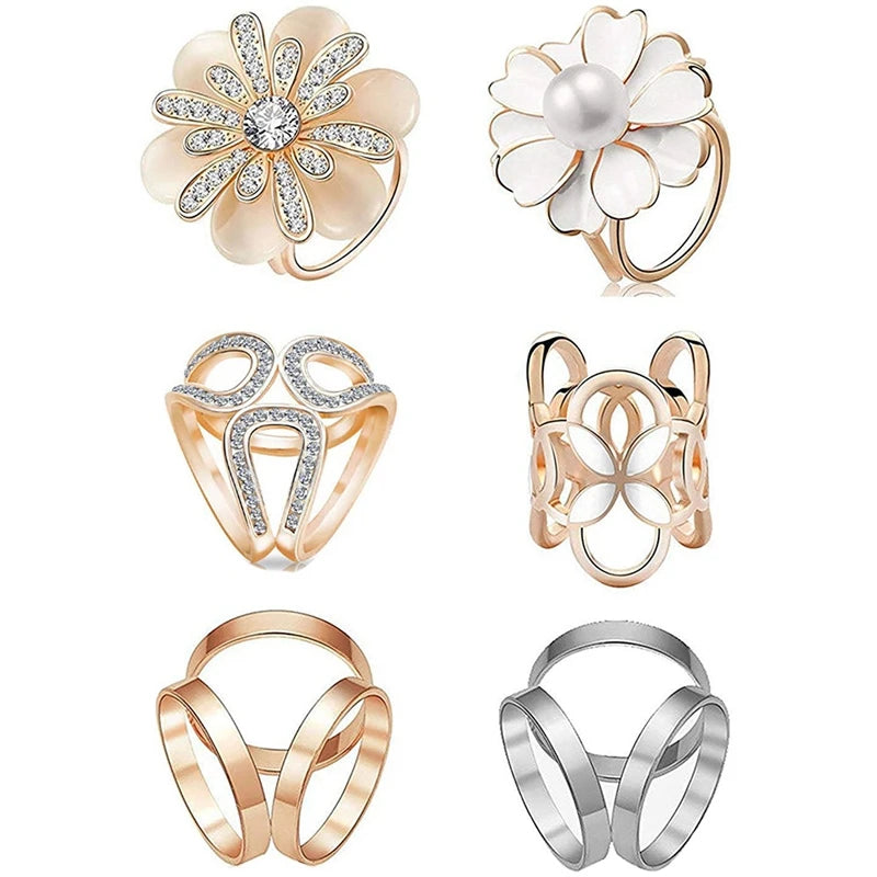 6Pcs Women's Pearl Crystal Rhinestone Scarf Ring Clip
