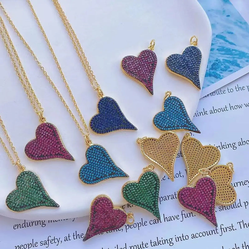 6Pcs Women Crystal Zircon Heart Necklace Pendant, Micro Pave CZ Pendant Jewelry