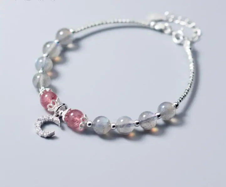 Moonstone & Rose Quartz Crescent Moon Bracelet
