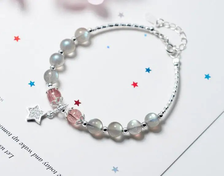 925 Sterling Silver Star Strawberry Quartz & Moonstone Bracelet