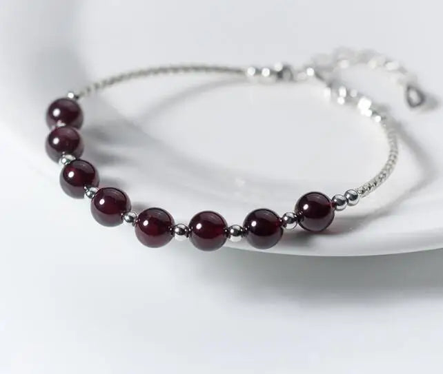 Silver Garnet Stone Beads Bangle Bracelet