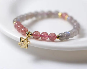 925 Silver Strawberry Quartz & Moonstone Golden Star Bracelet