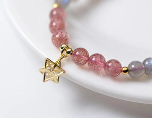 925 Silver Strawberry Quartz & Moonstone Golden Star Bracelet