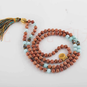 6mm Sandalwood Aquamarine Tassel Necklace Spirituality Easter Chakra