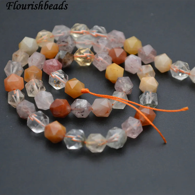 Natural Mix Rutilated Quartz Diamond Cutting Faceted Stone Round Beads