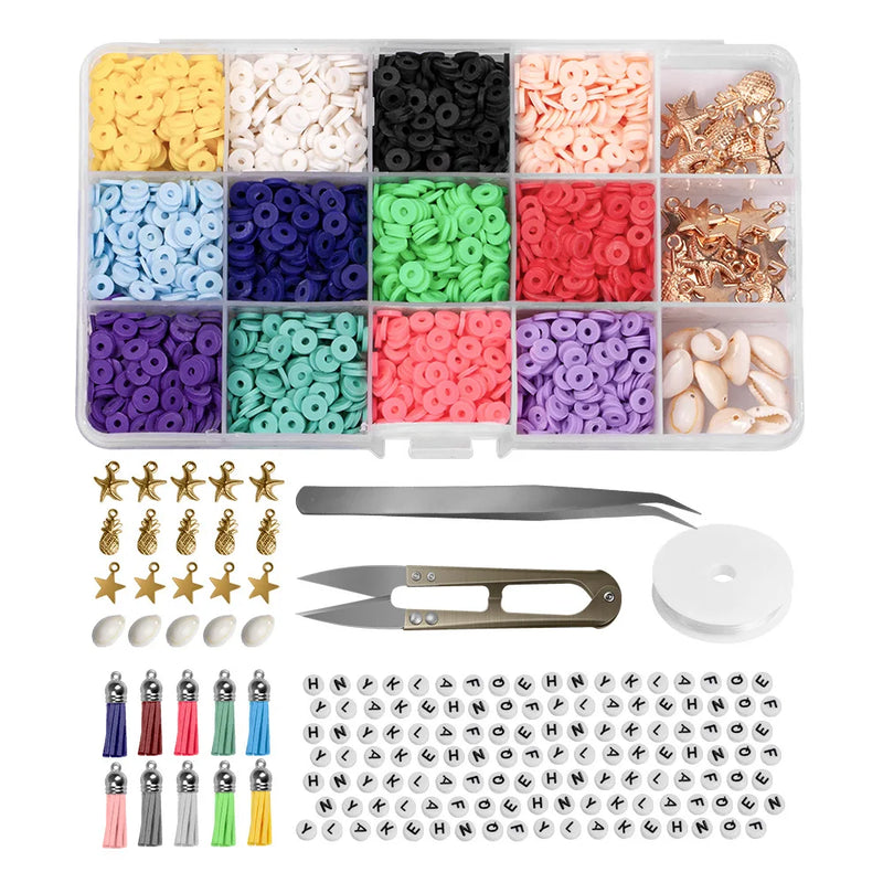 2400Pcs Clay Slice Tube Soft Pottery Tassel Stars 12 Colors Flat Round Beads