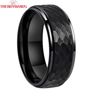 6mm 8mm Hammered Tungsten Carbide Wedding Ring Stepped Edges Fit