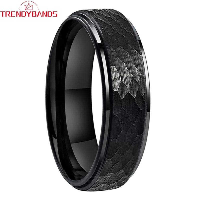 6mm 8mm Hammered Tungsten Carbide Wedding Ring Stepped Edges Fit