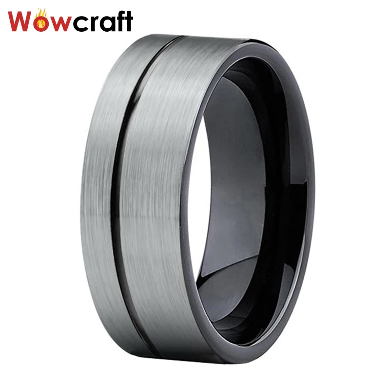 Tungsten Carbide Wedding Bands Flat Grooved Brushed Finish Men 6mm 8mm