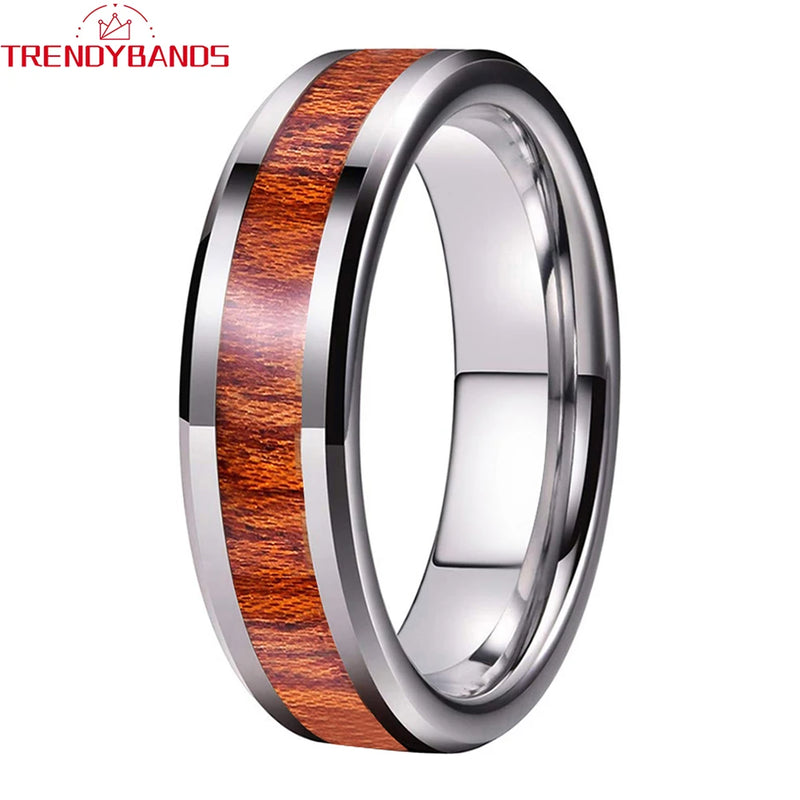 Koa Wood Inlay Tungsten Ring Wedding Band Beveled Edges Comfort Fit