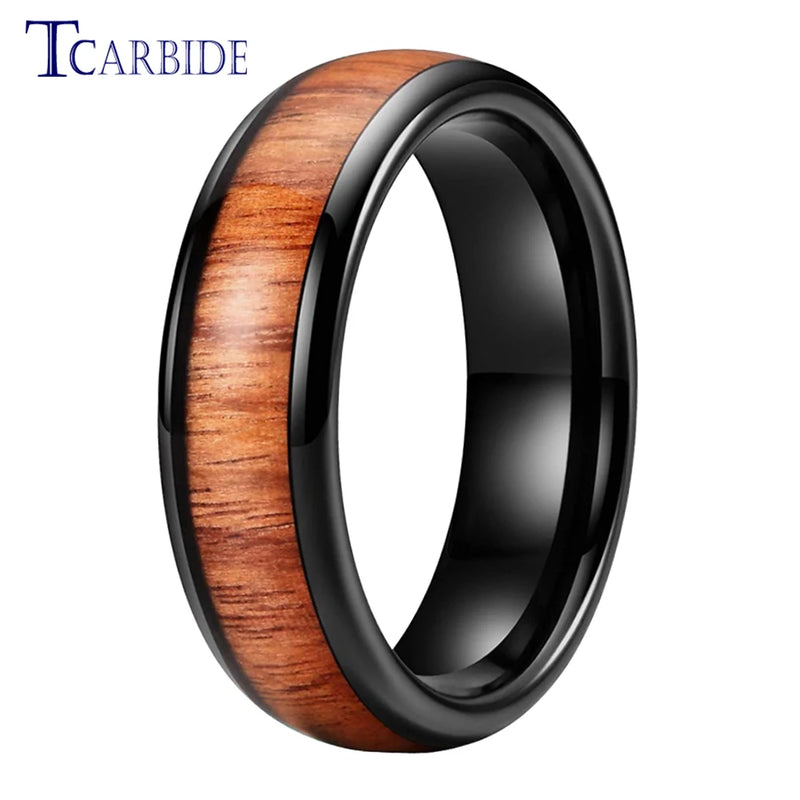 6mm 8mm Koa Wood Inlay Ring Tungsten Wedding Band Polished