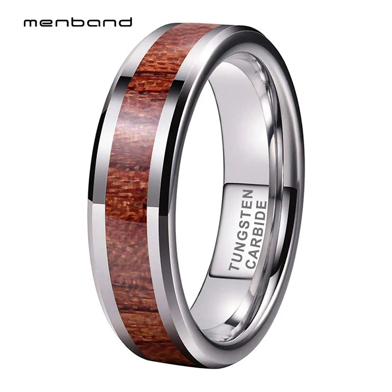 6mm 8mm Tungsten Rings Wood Wedding Band Rosewood Inlay Bevel Edges