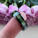 6mm 8mm Tungsten Ring Green Opal Inlay Dragon Beveled Edge