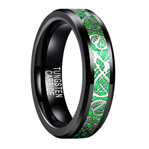 6mm 8mm Tungsten Ring Green Opal Inlay Dragon Beveled Edge