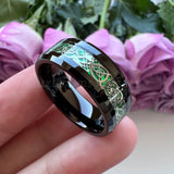 6mm 8mm Tungsten Ring Green Opal Inlay Dragon Beveled Edge