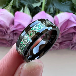 6mm 8mm Tungsten Ring Green Opal Inlay Dragon Beveled Edge