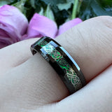 6mm 8mm Tungsten Ring Green Opal Inlay Dragon Beveled Edge