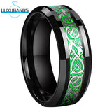 6mm 8mm Tungsten Ring Green Opal Inlay Dragon Beveled Edge