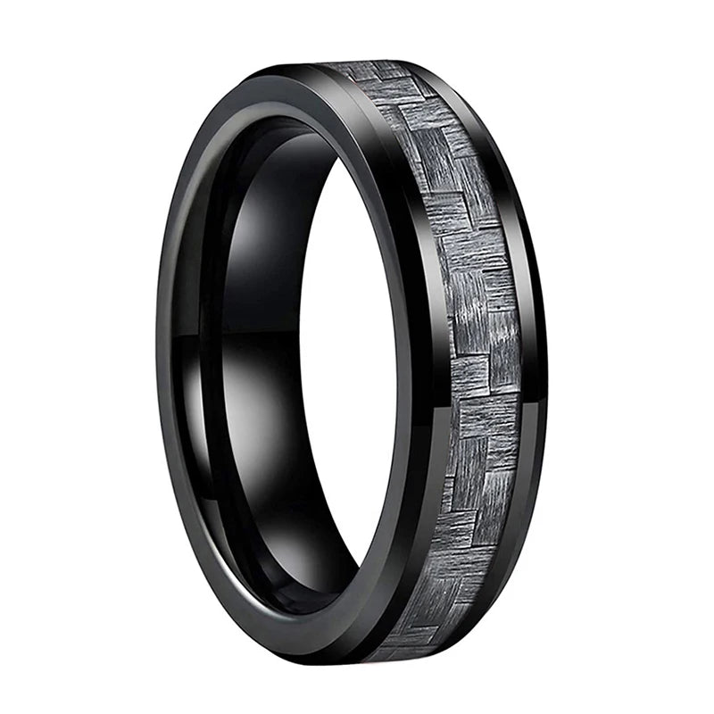 6mm 8mm Tungsten Carbide Wedding Band Gray Carbon-Fiber Inlay Comfort Fit