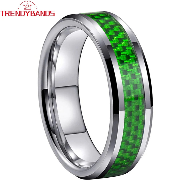 6mm 8mm Tungsten Carbide Rings Wedding Band Green Carbon Fiber Inlay