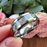 6mm 8mm Tungsten Wedding Band Gray Carbon Fiber Inlay Beveled Edges Polished